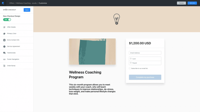 Kajabi checkout page customization editor