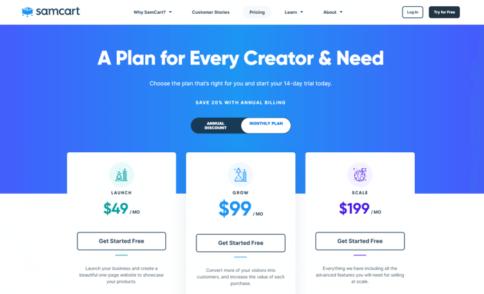 SamCart pricing plans monthly billing