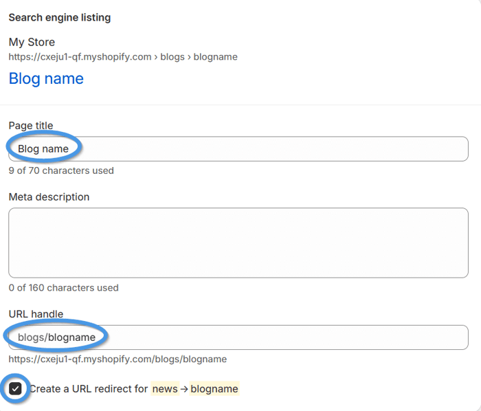 Search engine listing section in Shopify