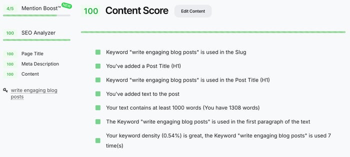 DropInBlog's SEO Analyzer: Content score breakdown