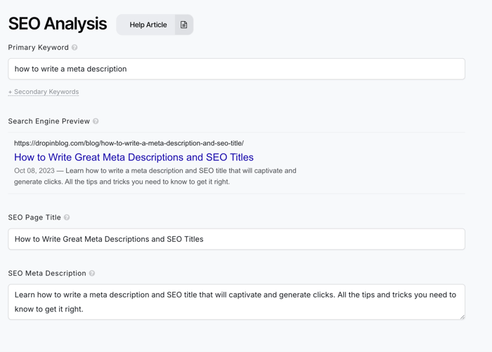 DropInBlog SEO Analyzer Screenshot