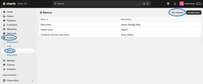 Create URL redirects in Shopify