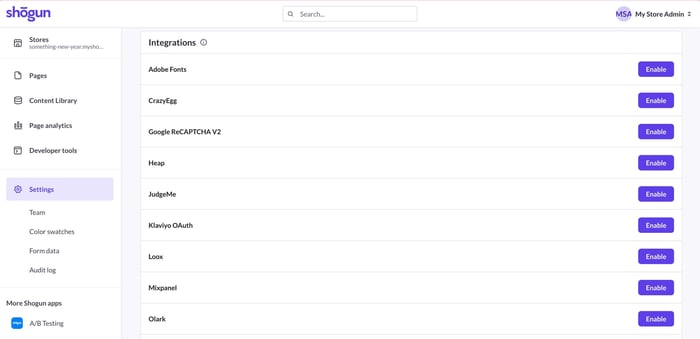 A list of available integrations in the Shogun for Shopify app
