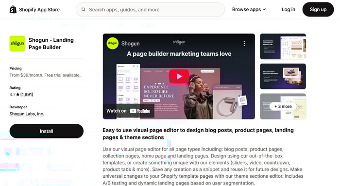 Shogun Shopify app listing