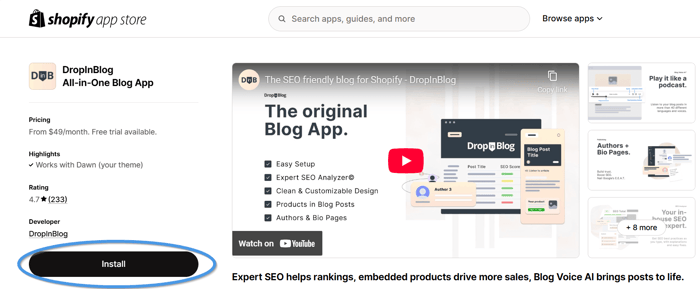 Shopify blog install step