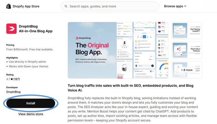 Shopify blog install step