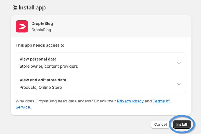 Shopify blog install step