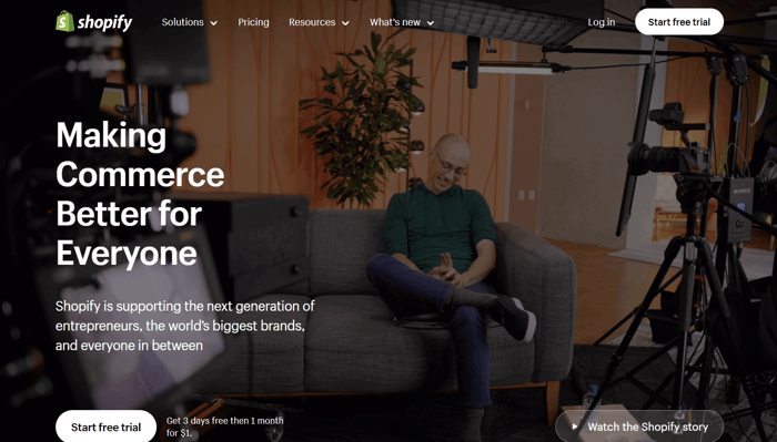 Shopify's landing page - Big Cartel vs Shopify
