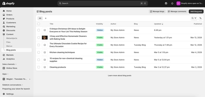 Shopify's native blog editor