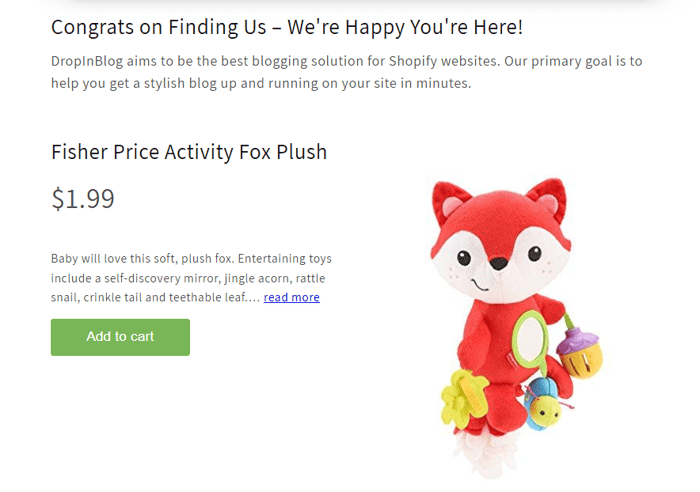 Shopify product embedded into a blog post