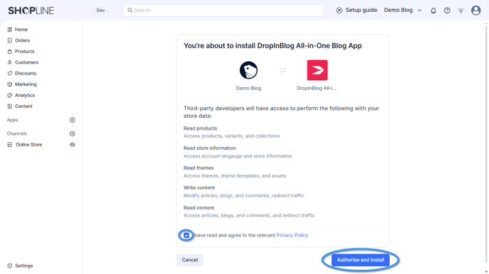 Shopline blog install step