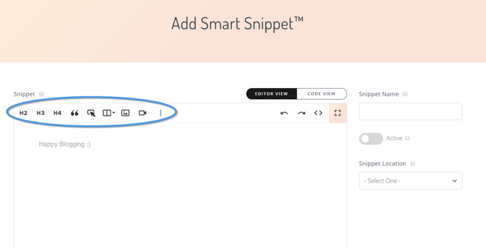 Creating a new Snippet from the Smart Snippets editor