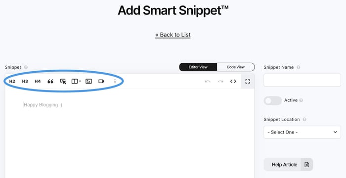 Creating a new Snippet from the Smart Snippets editor