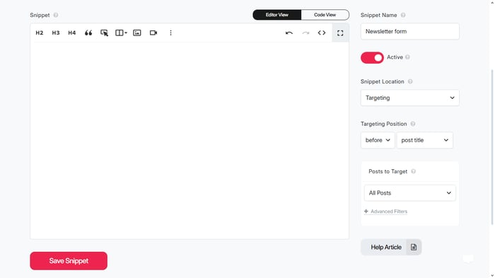 DropInBlog snippet editor with targeting options, position settings, and an active “Newsletter form” snippet ready to be saved.