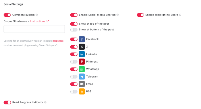 Social sharing and comments settings