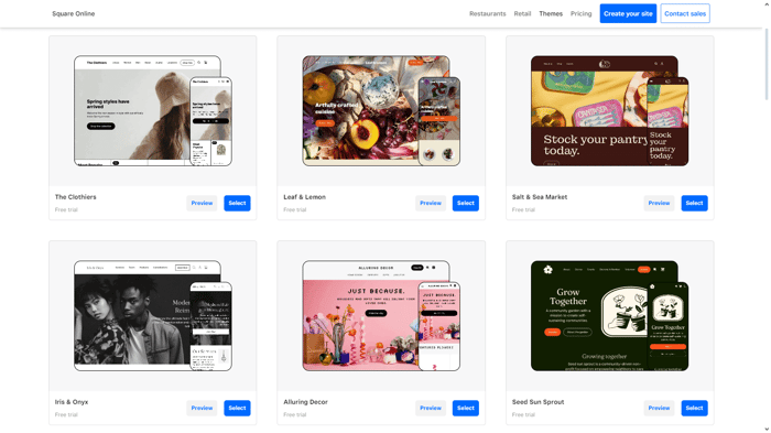Square vs Wix: Square themes