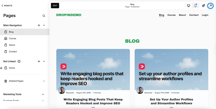 Viewing the new blog page link