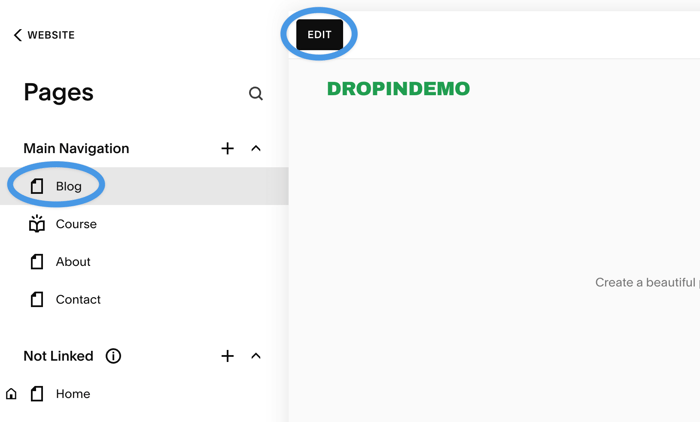 Editing a blog page in Squarespace