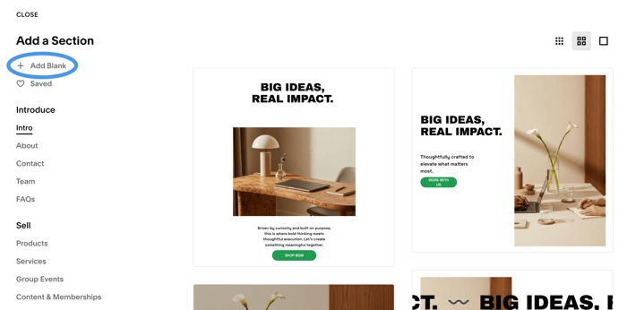 Adding a blank section to a new blog page
