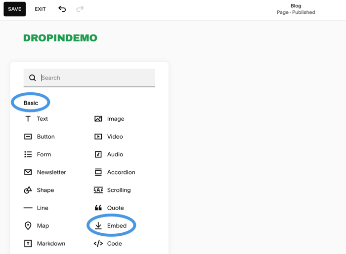 Adding the embed block to a new blog page in Squarespace