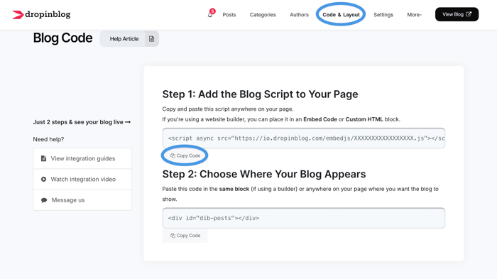 DropInBlog Code & Layout page