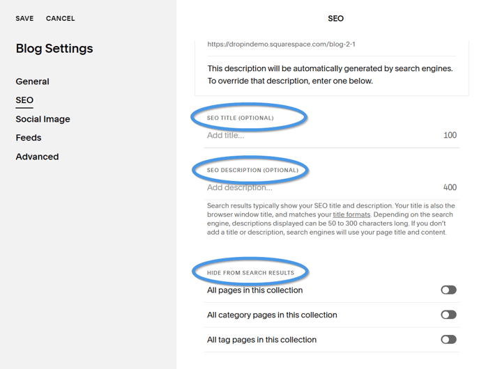 Blog settings for native Squarespace blogs