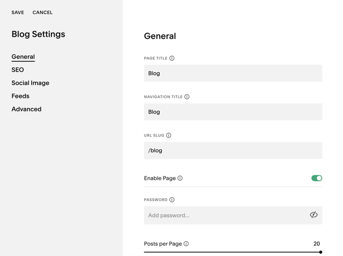 Blog settings in Squarespace