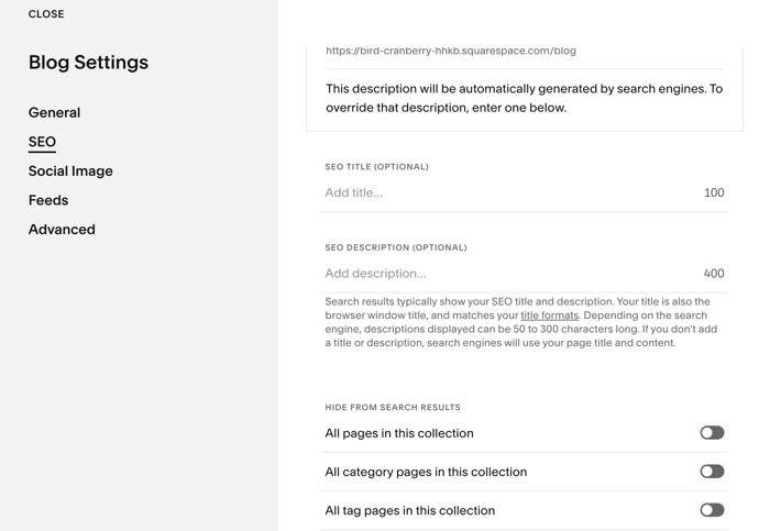 SEO settings in Squarespace