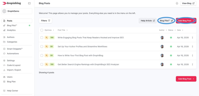 Starting a new blog post from within your DropInBlog account