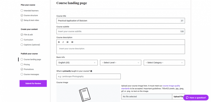 Udemy course landing page
