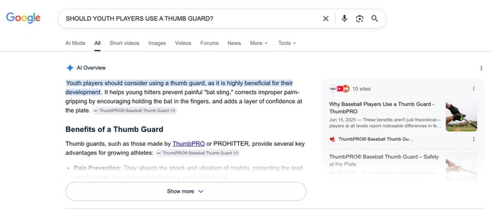 ThumbPRO ranking in AIOs for a thumb-guard-related query 