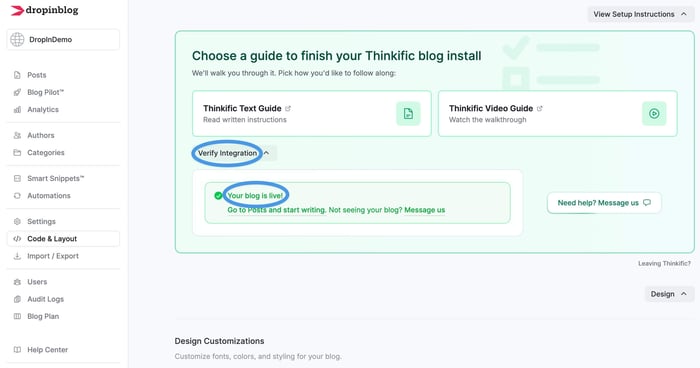 Thinkific blog install step