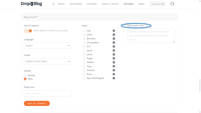 Text-to-speech feature: Voice demo text
