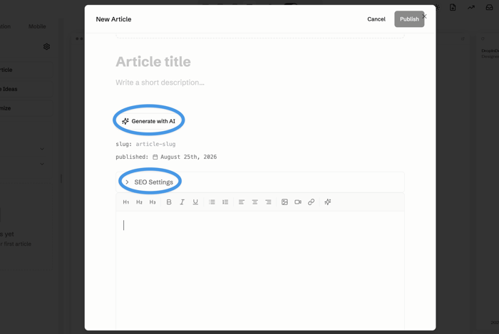 AI and SEO settings in Vsble's content editor