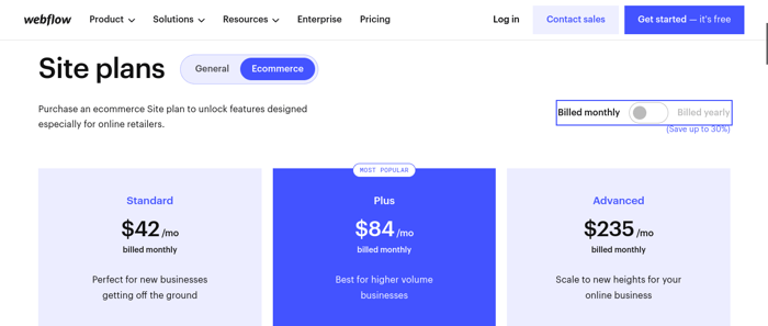 Webflow vs Shopify: Webflow ecommerce plans
