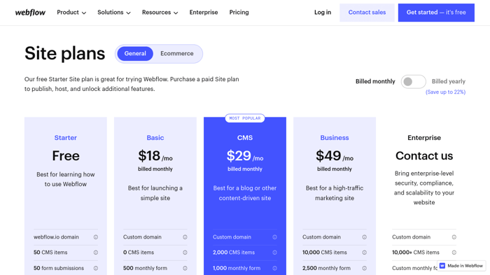 Webflow vs Shopify: Webflow site plan prices