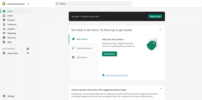 Shopify dashboard