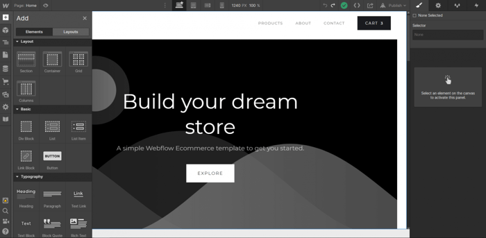 Webflow design options adding elements