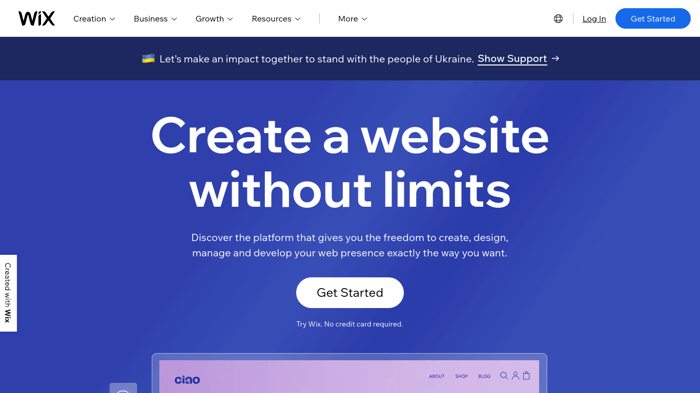 Webflow vs Wix - Wix's landing page