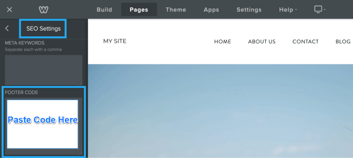 Before and after adding the DropInBlog code to the Footer Code field in Weebly