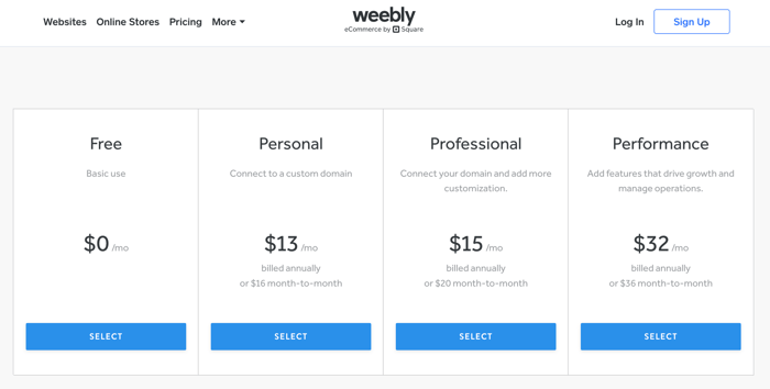 Weebly's pricing plans