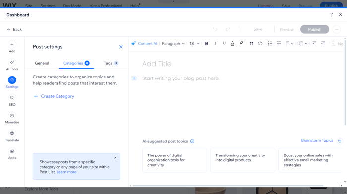 Wix blog editor