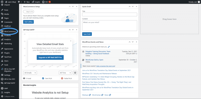 WordPress WooCommerce dashboard