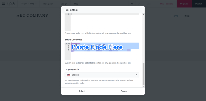 How to create a blog on Yola: embed code step 1 DropInBlog