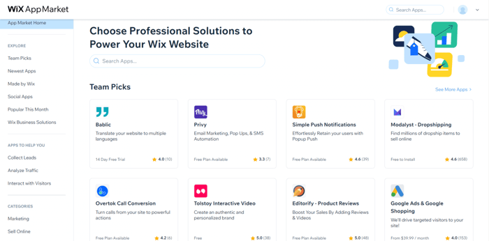 Wix app market integrations
