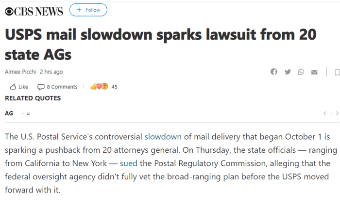 USPS® Change of Address Impacted 1st Class Mail Slowdown | Lawsuit Filed By 20 AGs