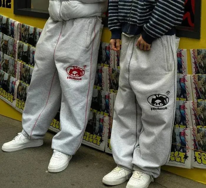 two people wearing custom sweatpants streetwear