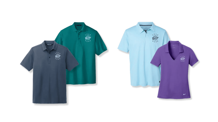 2 mens polos, one in navy and one in turquoise followed by two performance polos, one in baby blue and one in purple