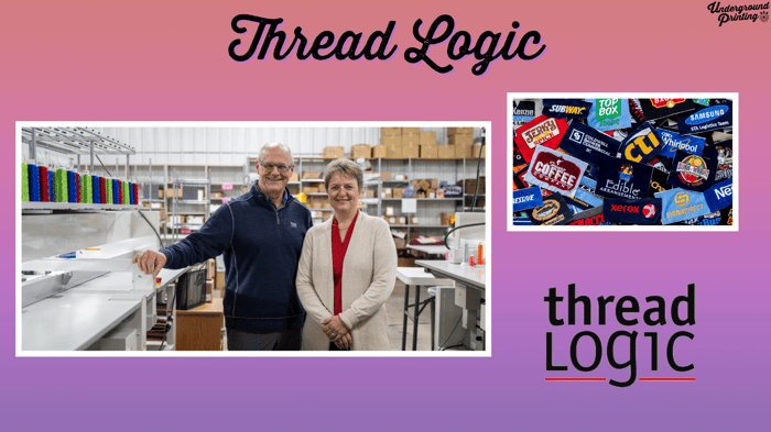 Two photos side by side. The left shows two individuals standing in an embroidery workspace with shelves of thread in the background, and the right shows a collection of embroidered patches with different brand logos. The images are set against a gradient pink and purple background with the "Thread Logic" logo at the bottom right and "Thread Logic" in black script at the top.