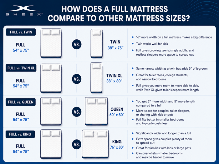 Mattress Fit Chart for Full vs Twin, Queen and King Sheets